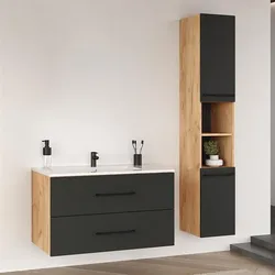 Badmöbel Set LUX 90 cm mit Keramikwaschbecken und Hochschrank