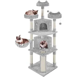 Yaheetech Kratzbaum 193 cm XXL deckenhoch Katzenkratzbaum Stabil Katzenbaum mit 8 Sisalstämme 2 Katzenhöhlen und 3 Aussichtplattformen, Dunkelgrau