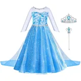 ACWOO ELSA Kostüm Mädchen, ELSA Kinder Prinzessin Kleid 6-teiliges Set mit Krone Diadem Handschuhe Zauberstab usw für Halloween Weihnachten Verkleidung Karneval