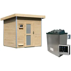 Saunahaus KARIBU "Ralf", beige (naturbelassen), Saunaofen, externe Steuerung, 9 kW, Saunen, Milchglastür, Ofen 9 KW externe Strg easy