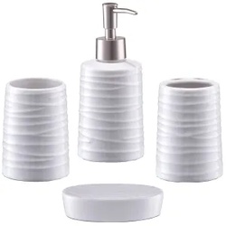 Zeller Bad-Accessoires-Set in Geschenkverpackung, 4-teilig, Seifenspender, Seifenschale, Zahnputzbecher, Utensilienhalter, 1 Set, weiß, Material: Keramik