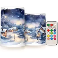 Mnsruu Flackernde flammenlose Kerzen Winter verschneite Landschaft LED-Kerzen mit Fernbedienung Timer 2er Set Batteriebetriebene Kerze Heimdekoration