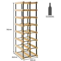 PROREGAL Modulares Weinregal VINOTECA MOD METAL | HxBxT 72,5x22,5x24,5cm | 2x7 Flaschen | Massives Kiefernholz | Natur | Flaschenregal