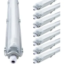 proventa IP65 LED-Feuchtraumleuchte 120cm mit 18W LED-Röhre 2.160 Lumen Klappdeckel Steckklemme Kabeleinführung bis NYM-J 3x2,5mm2 - Sparset 8x