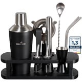 BARMINGO® Edelstahl Cocktail Set 11tlg. – 700 ml Cocktail Shaker Set mit Ständer und Bar Zubehör, Cocktailshaker Set | Barkeeper Set | Cocktail Mix Set | Bar Set | Geschenkset | Schwarz & Silber