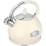 RETTBERG Teekessel für Herd, Induktion, Pfeifkessel, 2,6 l, Retro, lebensmittelechte Edelstahl-Teekanne mit Cool-Touch-Griff, cremefarben