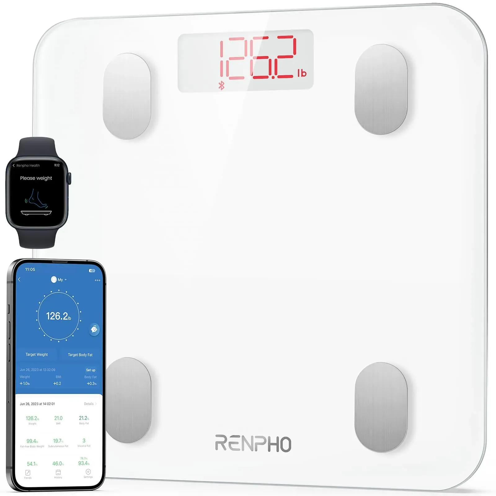 RENPHO Personenwaage Digital Testsieger 2024, Bluetooth Körperfettwaage mit Hochpräzisions-Sensoren, Smart Waage mit Körperfett und Muskelmasse 180 kg/400 lbs