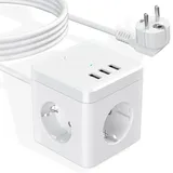 Steckdosenleiste Würfel USB, Mehrfachsteckdose 3Fach Steckdose 3 USB mit Schalter, 2500W/16A, Steckerleiste mit 2m Verlängerungskabel, Cube Steckdose Kindersicherung für Büro, Hause, Weiß