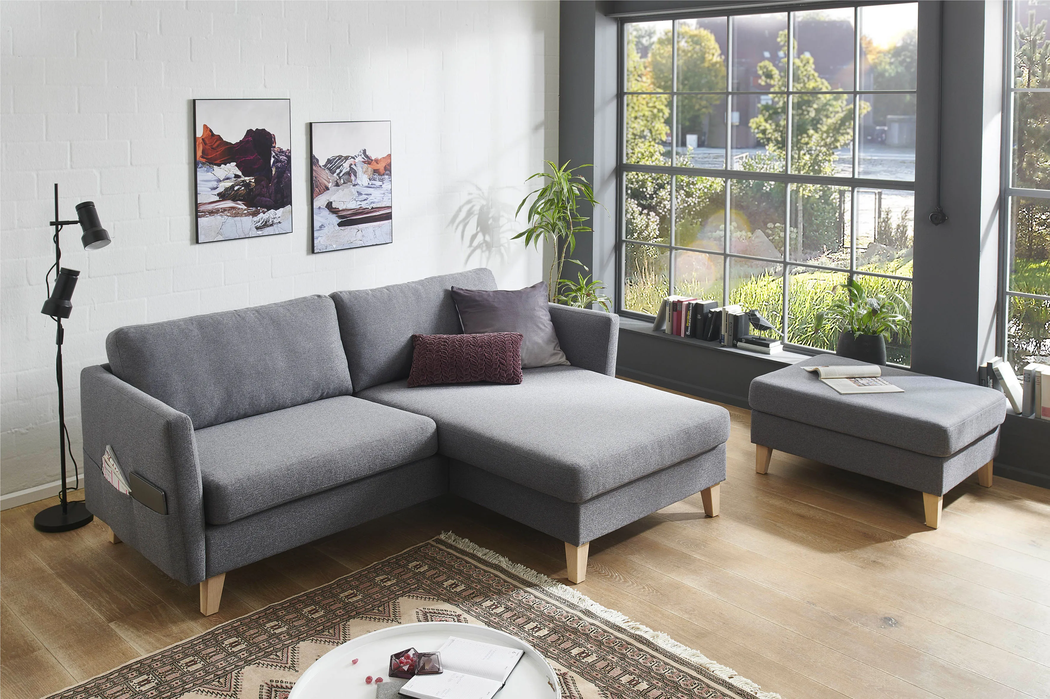 Ecksofa ATLANTIC HOME COLLECTION "Mailo L-Form" Sofas Gr. B: 204 cm, Feinstruktur, Recamiere beidseitig montierbar, grau mit Seitentaschen, Recamiere beidseitig montierbar, Massivholzfüße