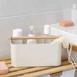 Navaris Aufbewahrungsbox mit Holzgriff - 2 Fächer Box Organizer in Bad Küche - Korb Aufbewahrung für Besteck Putzmittel tragbar klein - cremeweiß