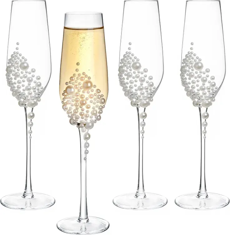 MyGift Champagnergläser 177 ml, Klarglas mit Stiel und falschen weißen Perlen – Glaswaren-Set für Hochzeit, Brautparty & Junggesellinnenabschied, Set aus 4