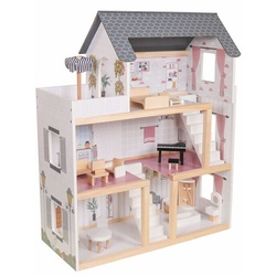 Coemo Puppenhaus, (möbliertes Puppenhaus Holz, 17-tlg), komplett eingerichtet, Möbeln aus Holz, Puppenhaus Puppenstube Zubehör beige|weiß