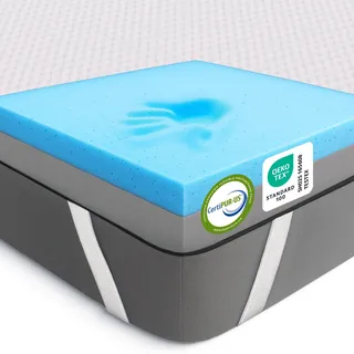 MKS 2-in-1 Gel Topper – Gelschaum Topper 200x200cm mit H3 & H4, 5-Schichten-System, Druckentlastung, Mesh-Seiten & Elastikbändern – Ideal für Seiten-, Rücken- & Bauchschläfer