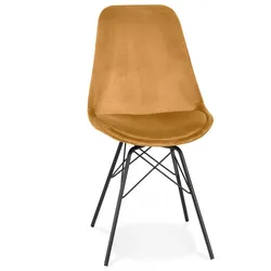 Esszimmerstuhl Holz Metall Senf Schwarz | Vintage Designerstuhl mit Samtsitz | Gepolsterter Küchenstuhl mit Metallgestell | Kadima Design