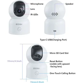 ZOSI 2K WLAN Überwachungskamera Innen, 360° Schwenkbare Kamera Indoor für Baby, 2,4/5Ghz WiFi, KI Personenerkennung, Auto-Tracking, One-Touch-Call, C518