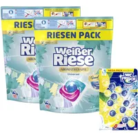 Weißer Riese Universal Trio-Caps A-Th. Lotus & Mandelöl (1x 120 WL), Vollwaschmittel mit intensivem Dufterlebnis & WC FRISCH Kraft Aktiv Duftspüler Lemon, 1x 200 g