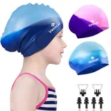 Vanocat 2 Pack Badekappe Kinder Lange/Kurze Haare, Unisex Badekappe Mädchen Jungen für Alter von 3–15 Jahren Kleinkind wasserdichte, Bademütze schwimmkappe mit Ohrstöpseln Nasenclip-Mehrfarbig-02