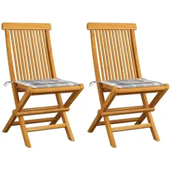 vidaXL Gartenstühle Graue Karomuster-Kissen 2 Stk. Massivholz Teak