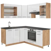 Vicco Winkelküche Fame-Line L-Form 160 x 190 cm Weiß Hochglanz/Goldkraft Eiche