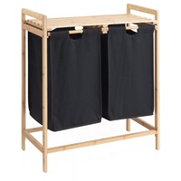 ACAZA Wäschekorb mit 2 Taschen, Wäschesortierer mit herausnehmbaren Wäschesäcken - Stoff/Bambus - Schwarz