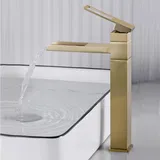 SHANFO Waschtischarmatur Gold, Wasserhahn Bad Hoch Wasserfall, 360° Schwenkbar Mischbatterie Waschtisch, Einhebelmischer für Bad, Hoch Armatur, Gold Gebürstet, 6M4OK-T