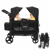 Bollerwagen Für 2 Kinder, Bollerwagen Faltbar Kinder mit Snack Ablage mit Sitzen, abnehmbarem Sonnendach, 5-Punkt, schwenkbaren/feststellbaren Rädern und 600D Oxford-Gewebe