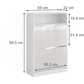 Vicco Schuhkipper Luca Weiß Hochglanz 59 x 89.5 x 22 cm 2 Klappfächer