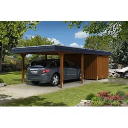 Skan Holz Walmdach Carport 409cm mit Aufbau inkl. Abstellraum nussbaum Holzcarport