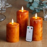 Lights4fun 3er Set TruGlow® LED Echtwachskerzen mit Fernbedienung und Timer Orange batteriebetrieb Herbst Deko Orange Halloween Deko Modern Herbstdeko Kerzen mit Fernbedienung