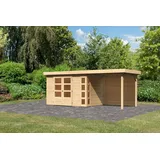 Karibu Gartenhaus Kerko 4 mit Anbaudach 240 cm Schleppdach inkl. Rückwand - 19 mm-302 x 217 cm-naturbelassen - 50% Rabatt auf Dacheindeckung