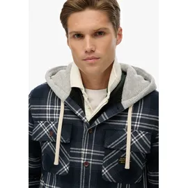 Superdry Langarmhemd SUPERDRY "SURPLUS HOODED CHECK SHIRT", Herren, Gr. S, N-Gr, blau (navy window check), Web, Obermaterial: 100% Baumwolle, kariert, relaxed fit, Hemden