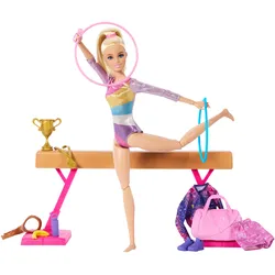Barbie-Turnspaß-Spielset mit blonder Modepuppe, Schwebebalken, mehr als 10 Zubehörteilen und Drehfunktion