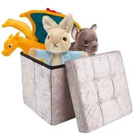 Intirilife Faltbarer Sitzhocker 30x30x30 cm in Samt Rosé - Sitzwürfel mit Stauraum und Deckel mit Samtbezug