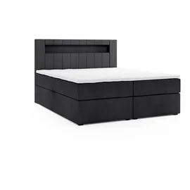 m-punkt Boxspringbett KUBA mit Bettkasten Visco Topper LED 180 x 200 cm Webstoff Inari SCHWARZ
