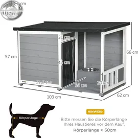 PawHut Hundehütte mit 2 Schüsseln, - Schwarz/Grau/Weiß