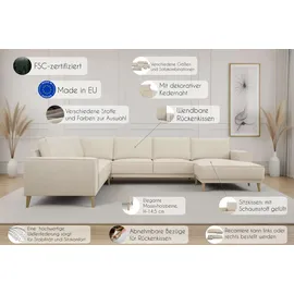OTTO home Wohnlandschaft OTTO HOME "Oland Skandi, weicher Chenille-Stoff", beige, B:342cm H:85cm T:260cm, 100% Polyester, Sofas, Wohnlandschaft, U-Form, 342 cm, Wellenunterfederung, Skandi-Design, Massivholzfüße