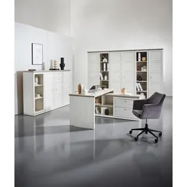 hom'in Hom`in Eckschreibtisch Grau, Weiß, Holzwerkstoff, 2 Schubladen, rechteckig, Wange, Sockel, 145.3x76x160 cm, Stauraum, seitenverkehrt montierbar, Arbeitszimmer, Schreibtische, Eckschreibtische