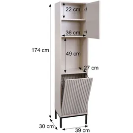 Mendler Hochschrank HWC-O42, Badschrank Badregal Badezimmer Schrankfächer Wäschekorb, MDF Melamin 174x39x30cm ~ Holzoptik beige