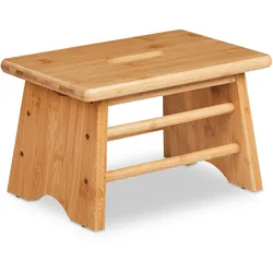 Relaxdays Fußbank Bambus, bis 100 kg, stabiler Tritthocker, HBT: 20x33x21,5 cm, Kinderhocker Bad, Griff, Hocker, natur
