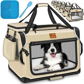 TRESKO Hundebox faltbar Beige (xl 83x58x58cm) inkl. Leckmatte, Spatel & Reflektoren Transportbox für Hunde und Katzen Hundetransportbox für... - Beige