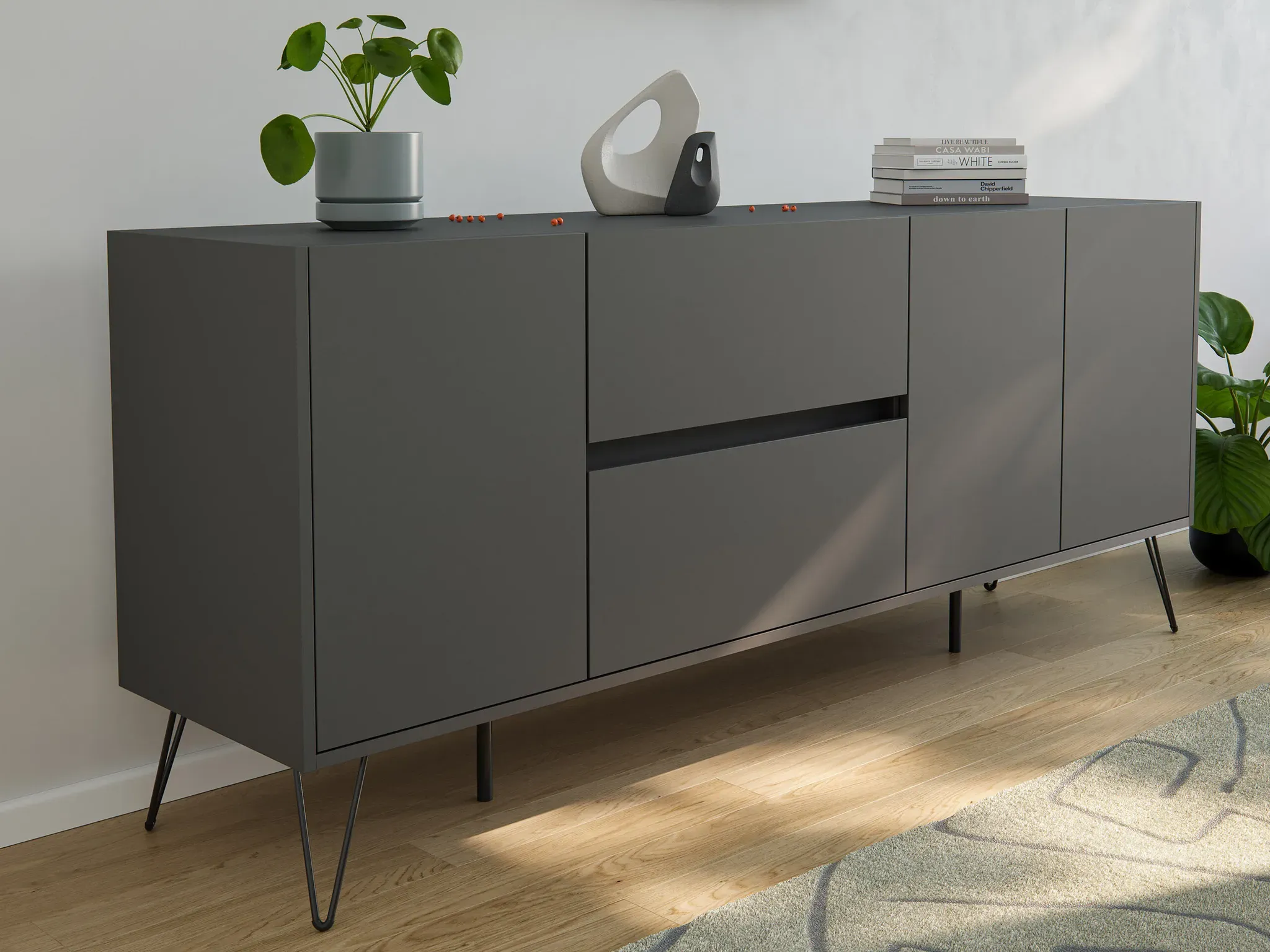 Raumwunder XL Sideboard Kommode Pharo 180cm 2 SoftClose 3 Türen Grafit