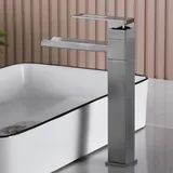 SHANFO Waschtischarmatur Hoch, Wasserhahn Bad Wasserfall, 360° Schwenkbar Mischbatterie Waschtisch, Einhebelmischer für Bad, Hoch Armatur, Grau, 6M7OK-T