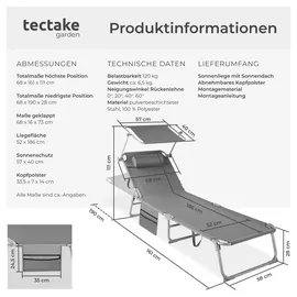 Tectake tectake® Sonnenliege, Grau, Kunststoff, 68x111x161 cm, Gartenmöbel, Gartenliegen