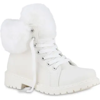 VAN HILL Damen Warm Gefütterte Worker Boots Stiefeletten Kunstfell Schuhe 840850, Farbe: Weiß, Größe: 36 - Weiß