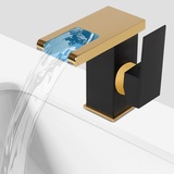 Gojoy Wasserhahn mit Licht Bad, LED Wasserfall Badezimmer Wasserhahn Schwarz&Gold Led Licht 3 Farben Ändern Auslauf Waschtischarmatur für Badezimmer,