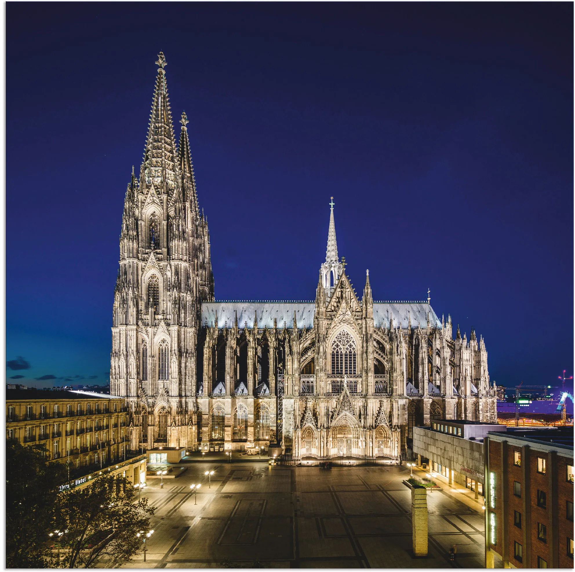 Alu-Dibond-Druck ARTLAND "Kölner Dom am Abend" Bilder Gr. B/H: 70 cm x 70 cm, Gebäude quadratisch, 1 St., blau Metallbilder