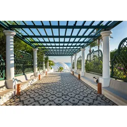 Fototapete PAPERMOON "PERGOLA-RHODOS BLUMEN SEE MEER TERRASSE PALMEN DÜNEN", bunt, B:3,50m L:2,60m, Vlies, Tapeten