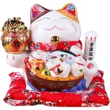 TONGMAN 17,8 cm weiße Keramik Maneki Neko Glückskatze Winkekatze, kunstvoll verziertes Porzellan für Geschäftseröffnung
