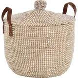 Krines Home Aufbewahrungskorb Handgearbeiteter Seegras Dekokorb mit Deckel Aufbewahrung Flechtkorb, Korb Natur mit weißen Wicklungen Rund (Hell Natur, Rund) beige Ø 44 cm x 45 cm