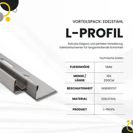 tktrading24 10x L-Profil Edelstahlschiene Fliesenschiene Fliesenprofil L250cm 11mm gebürstet